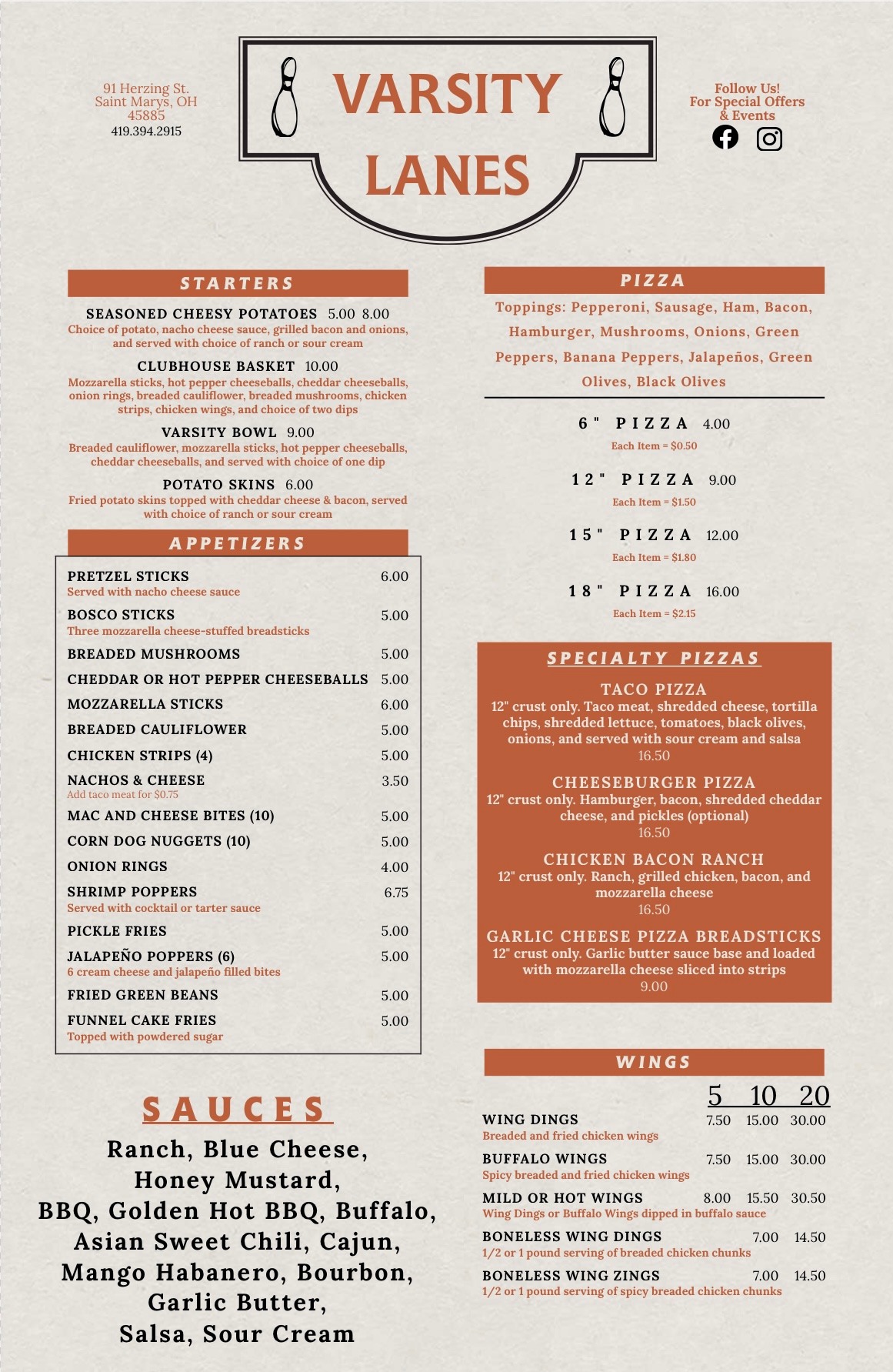 Varsity Lanes > About Us > Food Menu